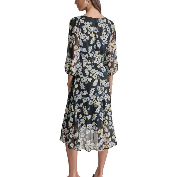 DKNY Women's Printed Surplice-Neck Chiffon Dress Navy/Lemon Size 12 - Picture 2 of 4